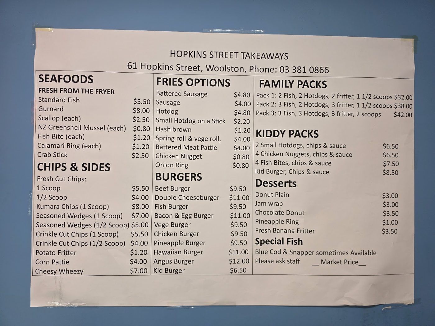 Photo of the printed menu board at Hopkins Street Takeaways