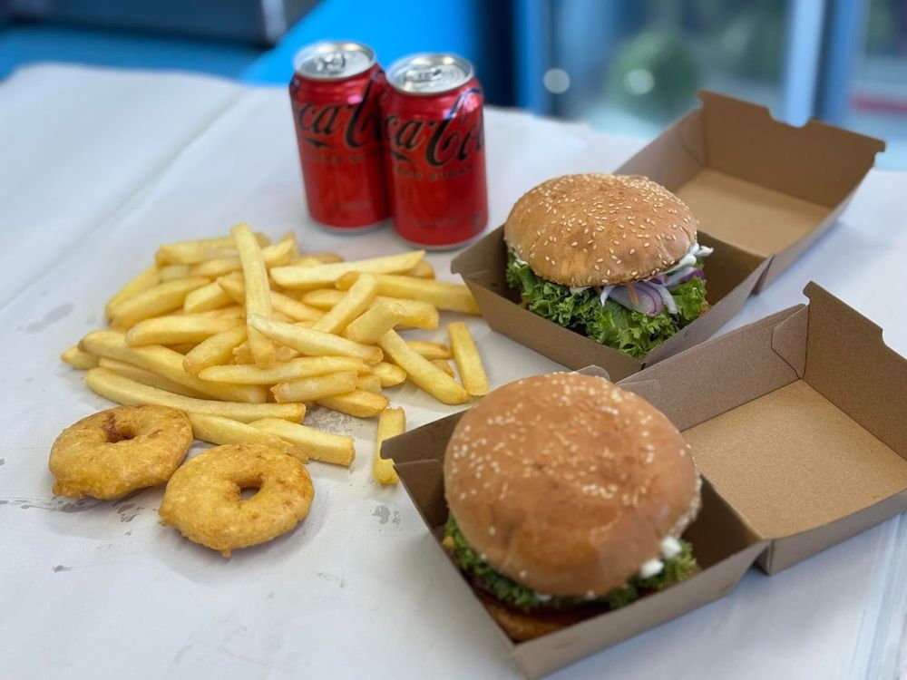 Burgers, chips and donuts packed up to take away