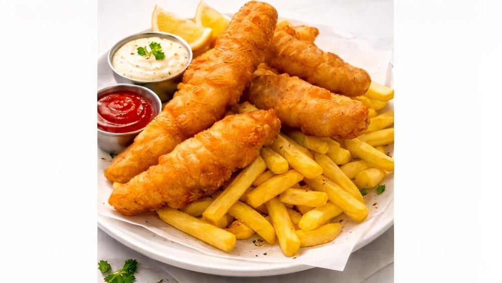 Fish and chips with tartare and tomato sauce